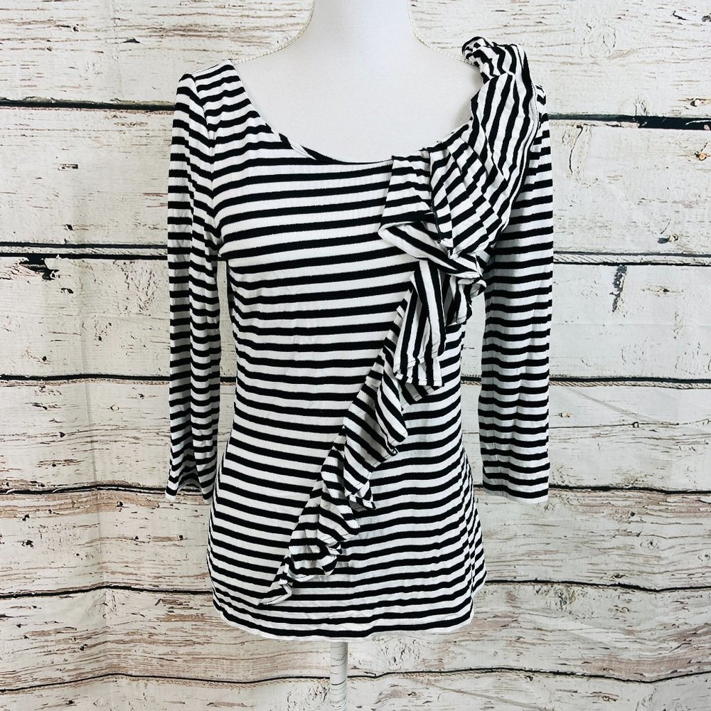 White House Black Market Women's Top 3/4 Sleeve Striped Ruffle Round Neck Medium